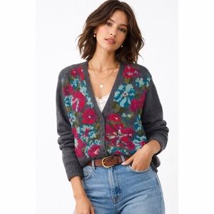 Petite Illustrations Vintage Lambswool Wool Angora Floral Cropped Cardigan